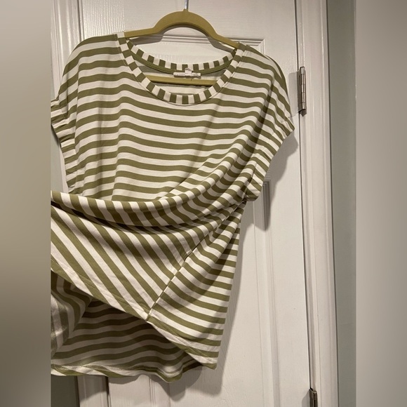 Jane + Delancey Size XL Banded Sleeve Crew Neck Green White Stripe Terry Top - Picture 5 of 10